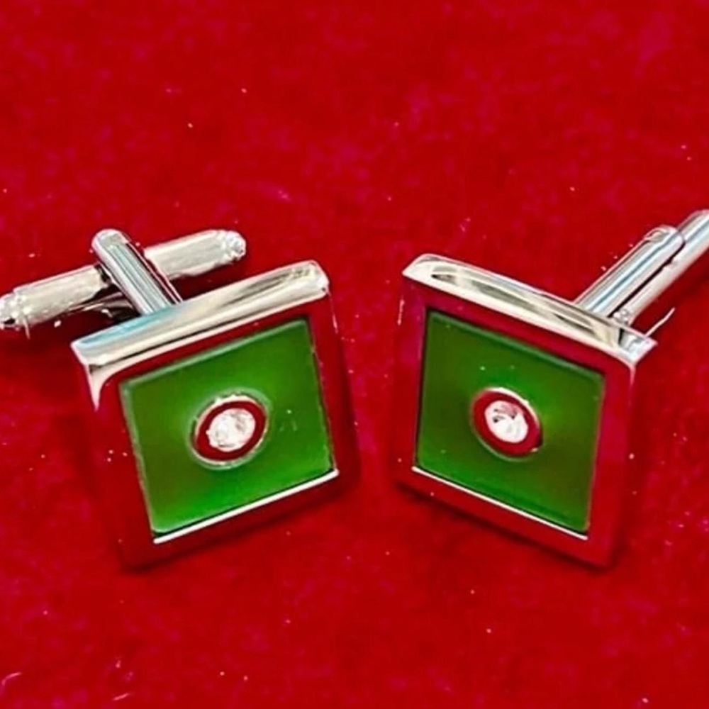 Stering Silver Green Cat's Eye Stone With Rhinestone Cufflinks 925